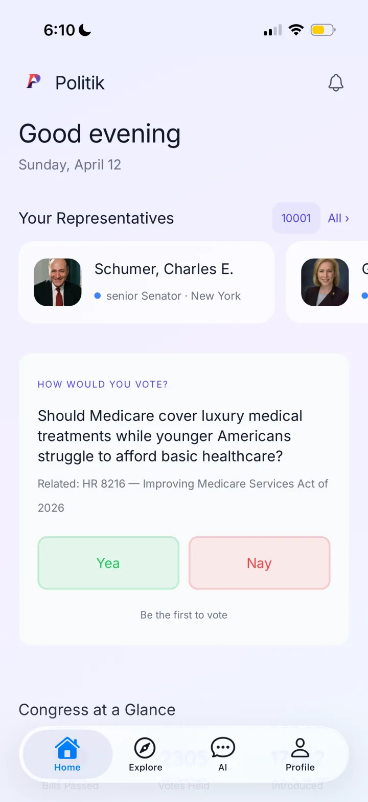 Politik app Home tab